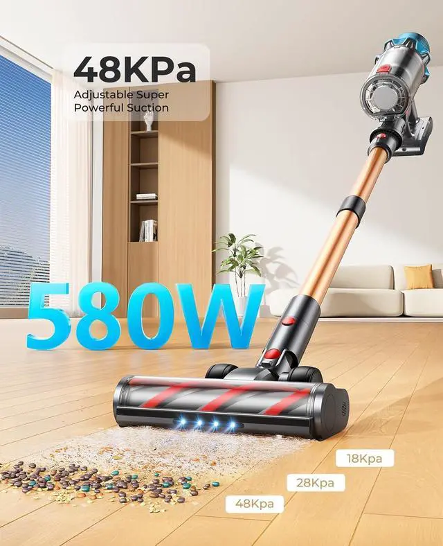 Alt view image 2 of 7 - Cordless Vacuum Cleaner 580W/48Kpa, Stick Vacuum Cleaners 65 Mins Max Runtime with Charging Dock, Self-Standing Handheld Vacuum with Touch Display, 6-in-1 Vacuum Cleaner for Carpet/Hard Floor/Pet Hair
