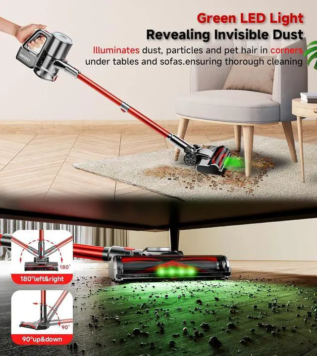 Alt view image 6 of 7 - Cordless Vacuum Cleaner, 500W/40Kpa Stick Vacuum with 45Mins Runtime, Self-Standing Vacuum Cleaners for Home, Anti-Tangle, 1.5L Dust Cup, Rechargeable Vacuum for Hardwood Floor Carpet Pet Hair