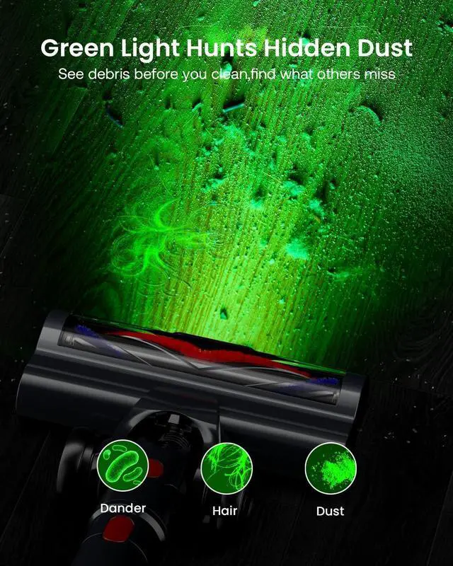 Alt view image 6 of 7 - Cordless Vacuum Cleaner for Home, Upgraded 60Kpa Powerful Suction Pet Hair Vacuum with 70min Runtime, Green LED Light for Hardwood Floors & Carpet, Self-Standing Rechargeable Stick Vacuum