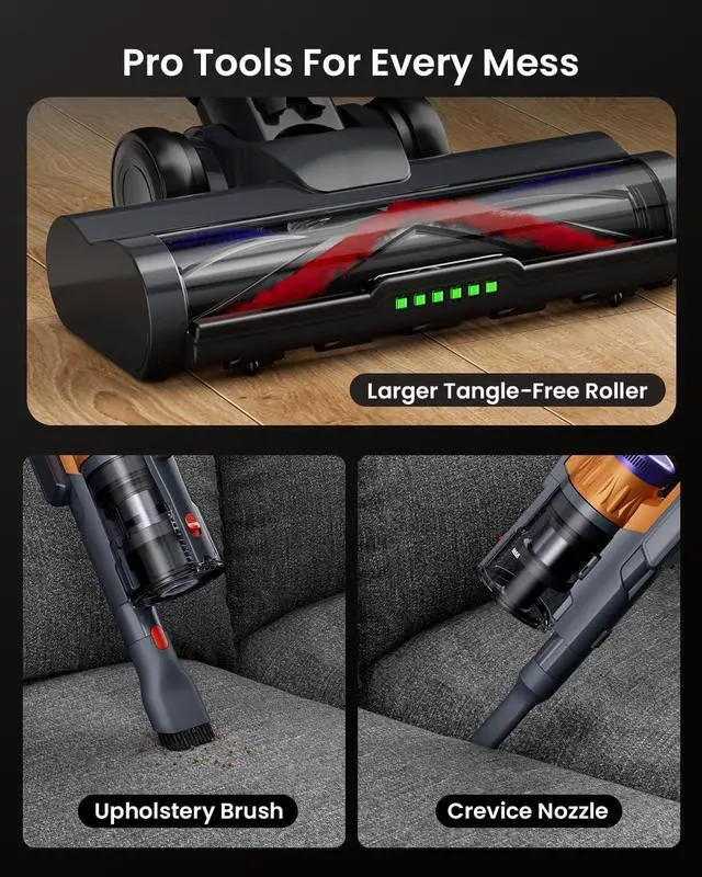 Alt view image 7 of 7 - Cordless Vacuum Cleaner for Home, Upgraded 60Kpa Powerful Suction Pet Hair Vacuum with 70min Runtime, Green LED Light for Hardwood Floors & Carpet, Self-Standing Rechargeable Stick Vacuum