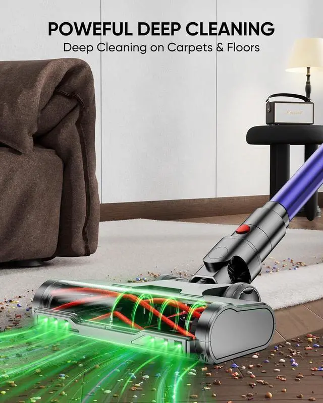 Alt view image 4 of 7 - Cordless Vacuum Cleaner, 580W 48KPA 60 Mins Vacuum Cleaners for Home, Stick Vacuum with 1.8L Large Dust Cup, Wall Mount Charging, Anti-Tangle Wireless, Green Light for Pet Hair, Carpets, Hardwood