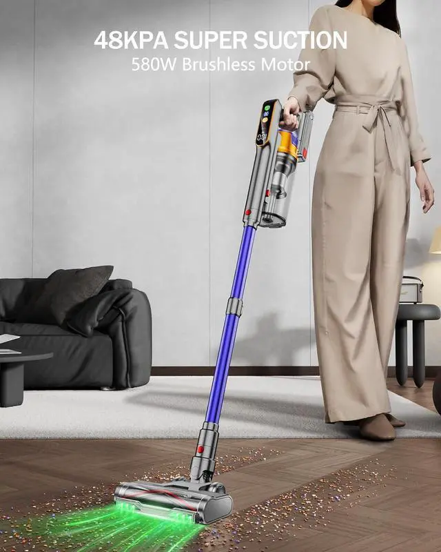 Alt view image 2 of 7 - Cordless Vacuum Cleaner, 580W 48KPA 60 Mins Vacuum Cleaners for Home, Stick Vacuum with 1.8L Large Dust Cup, Wall Mount Charging, Anti-Tangle Wireless, Green Light for Pet Hair, Carpets, Hardwood