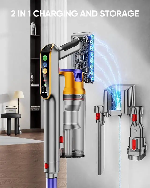 Alt view image 6 of 7 - Cordless Vacuum Cleaner, 580W 48KPA 60 Mins Vacuum Cleaners for Home, Stick Vacuum with 1.8L Large Dust Cup, Wall Mount Charging, Anti-Tangle Wireless, Green Light for Pet Hair, Carpets, Hardwood