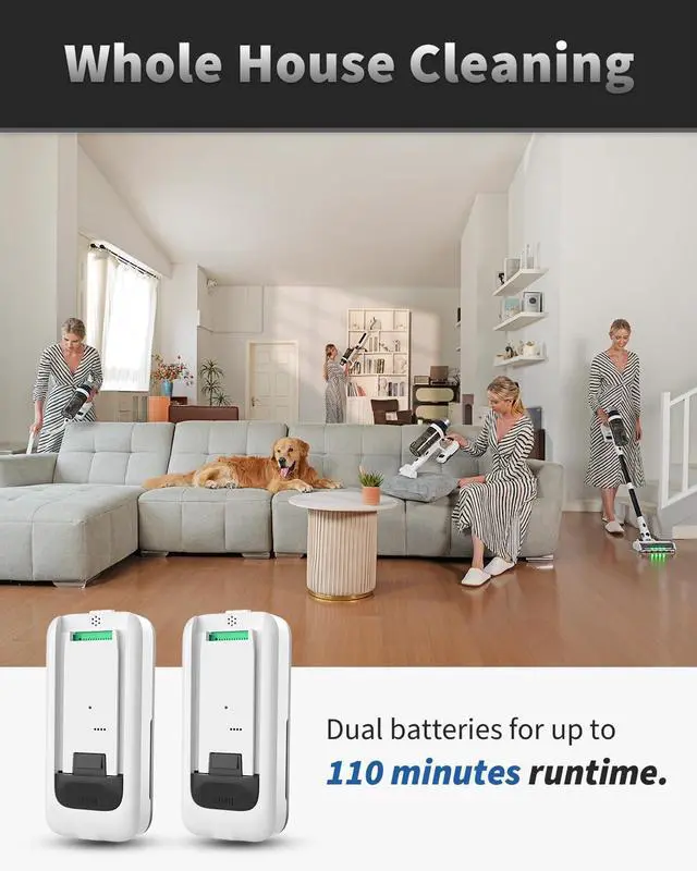 Alt view image 2 of 7 - Cordless Vacuum Cleaner, 2 Batteries 110 Mins Runtime Vacuum Cleaners for Home, 550W 45KPA 15-in-1 Stick Vacuum with Charging Dock, Handheld Vacuum Cordless for Pet Hair Carpet Hardwood Floor