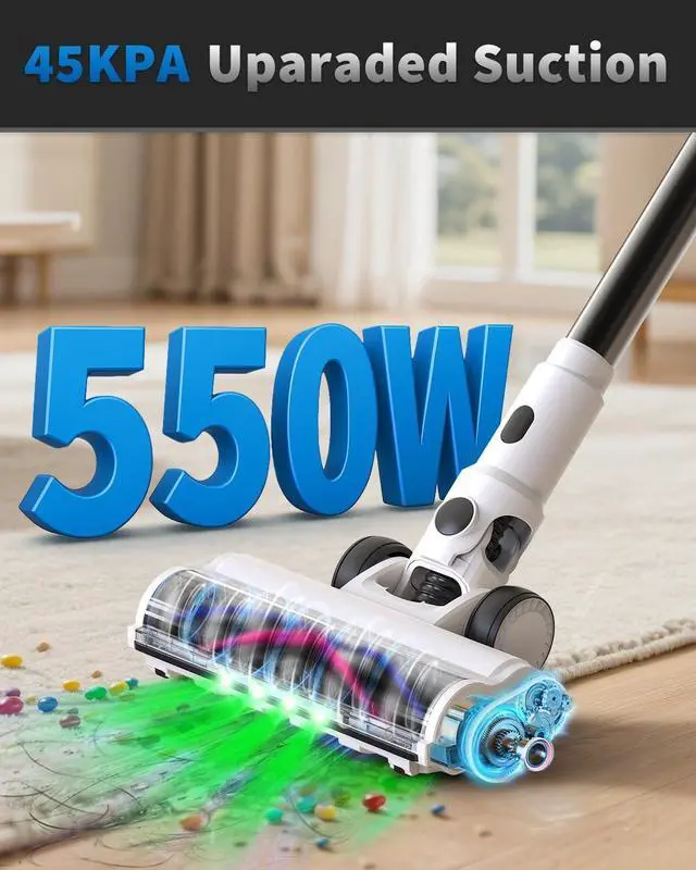 Alt view image 3 of 7 - Cordless Vacuum Cleaner, 2 Batteries 110 Mins Runtime Vacuum Cleaners for Home, 550W 45KPA 15-in-1 Stick Vacuum with Charging Dock, Handheld Vacuum Cordless for Pet Hair Carpet Hardwood Floor