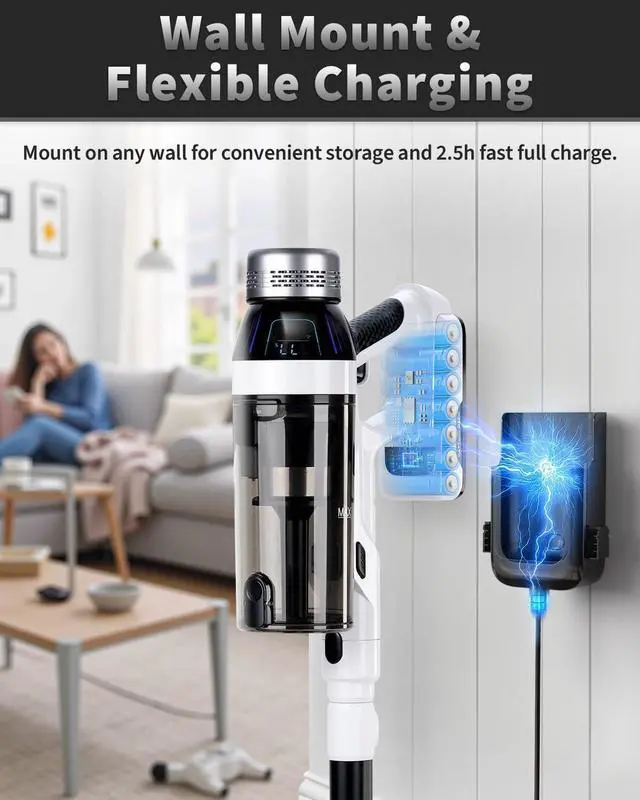 Alt view image 4 of 7 - Cordless Vacuum Cleaner, 2 Batteries 110 Mins Runtime Vacuum Cleaners for Home, 550W 45KPA 15-in-1 Stick Vacuum with Charging Dock, Handheld Vacuum Cordless for Pet Hair Carpet Hardwood Floor