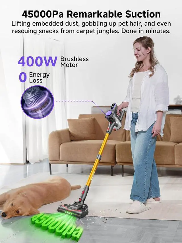 Alt view image 2 of 7 - MONSGA Cordless Vacuum Cleaner, 45KPa 400W Stick Vacuum for Home, 50Mins Anti-Tangled Vacuum Cleaner with Charging Dock, Light-weighted Handheld Vacuum for Pet Hair/Carpet/Floor, LED Touch Display,MV3