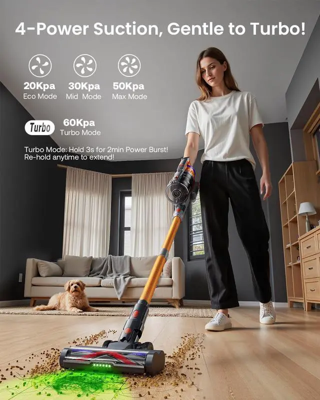 Alt view image 2 of 7 - Cordless Vacuum Cleaner for Home, Upgraded 60Kpa Powerful Suction Pet Hair Vacuum with 70min Runtime, Green LED Light for Hardwood Floors & Carpet, Self-Standing Rechargeable Stick Vacuum