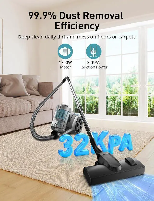 Alt view image 2 of 7 - Aspiron 1700W Canister Vacuum Cleaner, 32Kpa Bagless Vacuum Cleaner, Multi-Cyclonic Filtration, 2 Anti-Allergen HEPA Filters, 3.5QT Dust Cup, 4 Tools, Corded Vacuum for Hard Floor, Pet Hair, Cyan