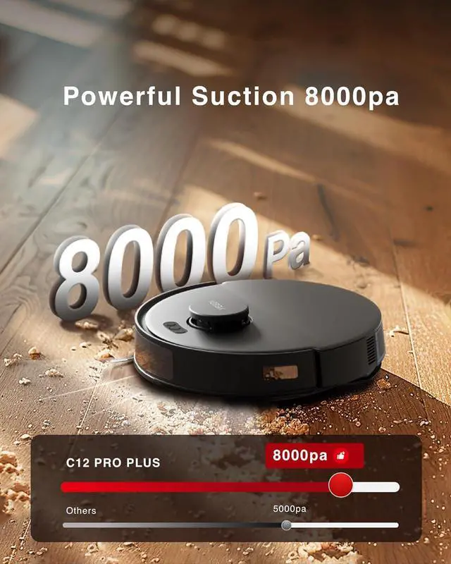 Alt view image 4 of 7 - Yeedi C12 PRO Plus Robot Vacuum and Mop, 8000Pa Strong Suction, Vibrating Mopping, 7-Week Dust Storage, Bagless Dust Container, ZeroTangle Brush, Black