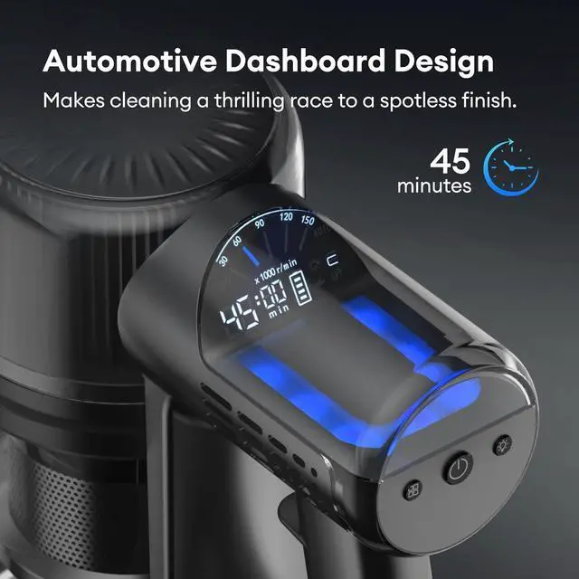 Alt view image 3 of 7 - Ultenic Cordless Vacuum Cleaner, 450W 40Kpa Stick Vacuum with Car Dashboard Screen, Tangle-Free Brush for Pet Hair, Max 45mins Runtime, LED Display Tools for Hard Floor, Carpet, Car Cleaning, U12