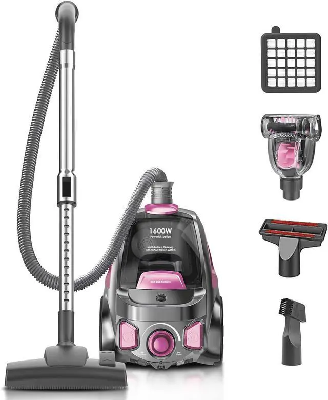 Main image of Canister Vacuum Cleaner, 32Kpa 1600W Cyclon Power, Dust Full Indicator, Double HEPA Filters, 3.7Qt Large Capacity, Lightweight Vac for Hard Floors, Carpets, Pet Hair, Pink
