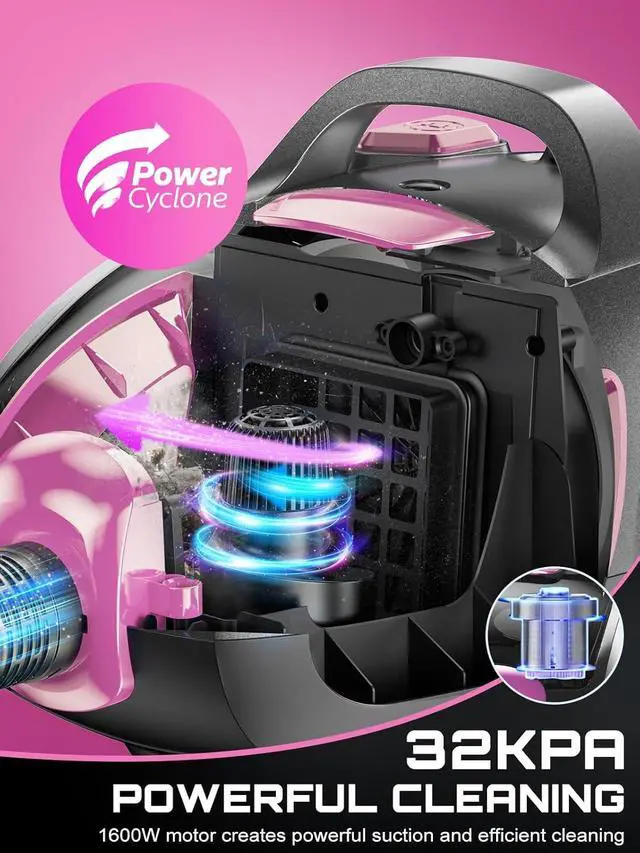 Alt view image 2 of 7 - Canister Vacuum Cleaner, 32Kpa 1600W Cyclon Power, Dust Full Indicator, Double HEPA Filters, 3.7Qt Large Capacity, Lightweight Vac for Hard Floors, Carpets, Pet Hair, Pink
