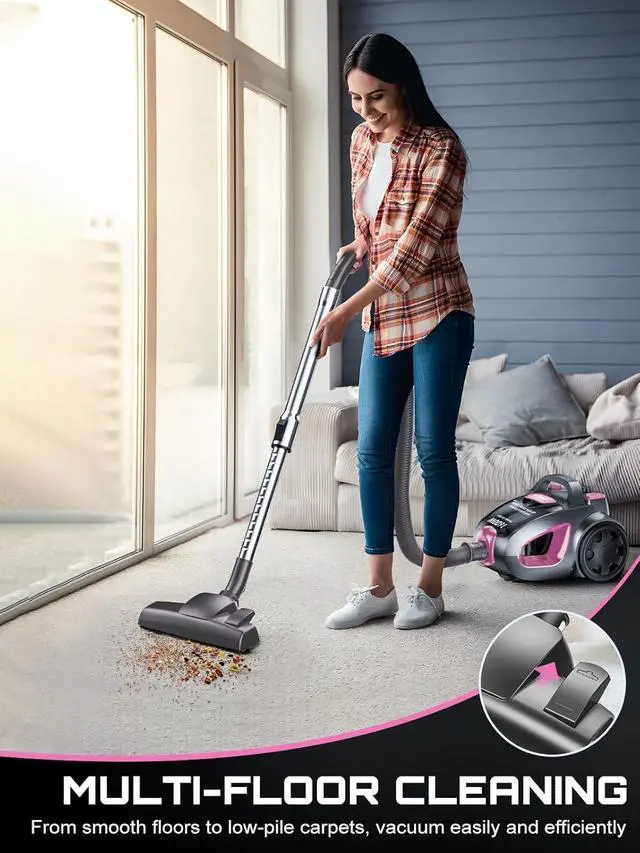 Alt view image 3 of 7 - Canister Vacuum Cleaner, 32Kpa 1600W Cyclon Power, Dust Full Indicator, Double HEPA Filters, 3.7Qt Large Capacity, Lightweight Vac for Hard Floors, Carpets, Pet Hair, Pink