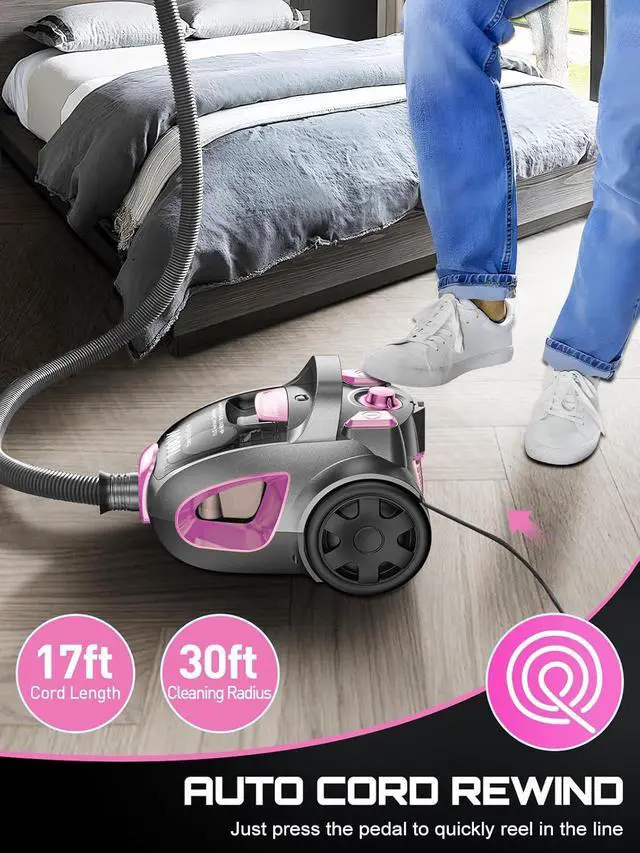 Alt view image 6 of 7 - Canister Vacuum Cleaner, 32Kpa 1600W Cyclon Power, Dust Full Indicator, Double HEPA Filters, 3.7Qt Large Capacity, Lightweight Vac for Hard Floors, Carpets, Pet Hair, Pink