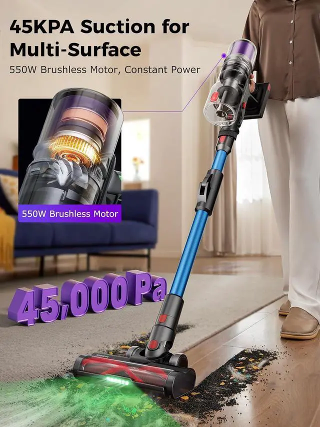 Alt view image 2 of 7 - Proscenic Cordless Vacuum Cleaner, 45Kpa 55Mins Runtime, 180°Bendable Wand, Vacuum Cleaners for Home with Green Light, Anti-Tangle Brush, Rechargeable Lightweight Stick Vacuum for Pet Hair, P16(Blue)