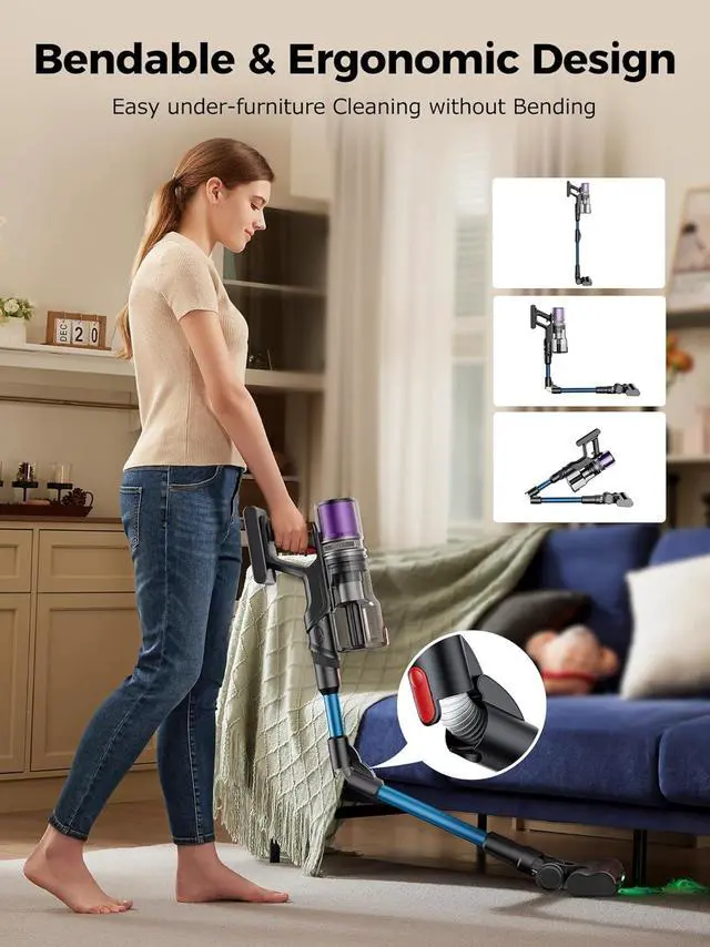 Alt view image 3 of 7 - Proscenic Cordless Vacuum Cleaner, 45Kpa 55Mins Runtime, 180°Bendable Wand, Vacuum Cleaners for Home with Green Light, Anti-Tangle Brush, Rechargeable Lightweight Stick Vacuum for Pet Hair, P16(Blue)