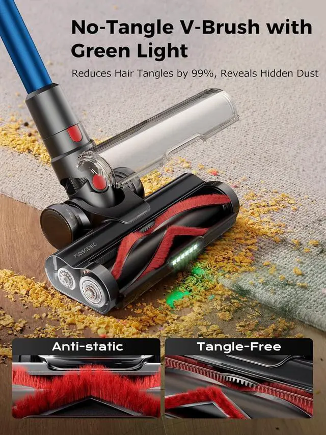 Alt view image 4 of 7 - Proscenic Cordless Vacuum Cleaner, 45Kpa 55Mins Runtime, 180°Bendable Wand, Vacuum Cleaners for Home with Green Light, Anti-Tangle Brush, Rechargeable Lightweight Stick Vacuum for Pet Hair, P16(Blue)
