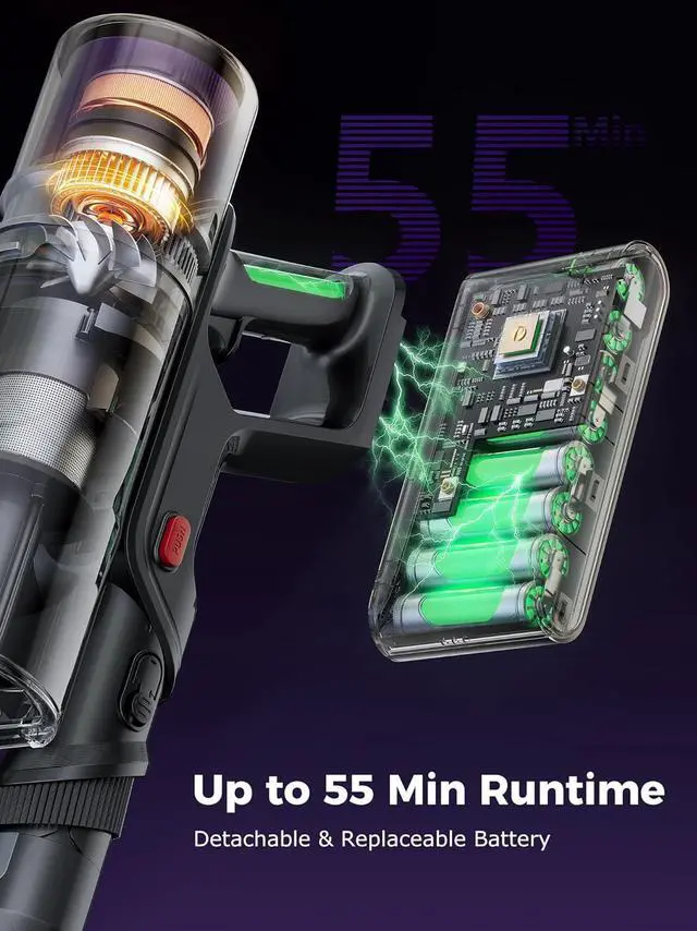 Alt view image 5 of 7 - Proscenic Cordless Vacuum Cleaner, 45Kpa 55Mins Runtime, 180°Bendable Wand, Vacuum Cleaners for Home with Green Light, Anti-Tangle Brush, Rechargeable Lightweight Stick Vacuum for Pet Hair, P16(Blue)