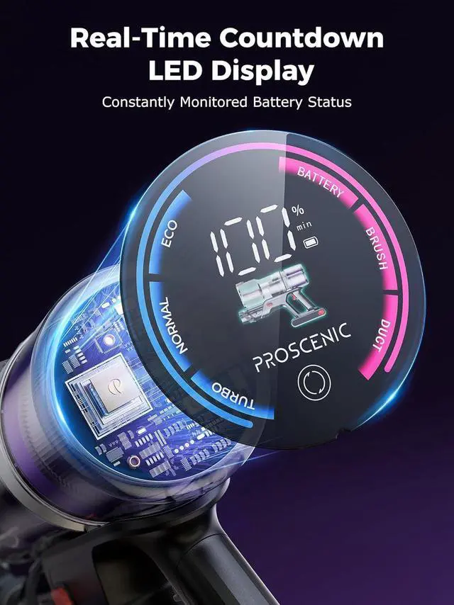 Alt view image 6 of 7 - Proscenic Cordless Vacuum Cleaner, 45Kpa 55Mins Runtime, 180°Bendable Wand, Vacuum Cleaners for Home with Green Light, Anti-Tangle Brush, Rechargeable Lightweight Stick Vacuum for Pet Hair, P16(Blue)