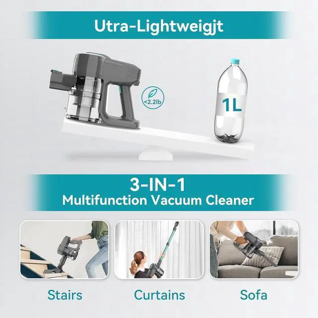Alt view image 3 of 7 - DEVOAC N300 Cordless Vacuum Cleaner, 6 in 1 Lightweight Stick Vacuum, 2200mAh Battery Up to 40mins Runtime, Powerful Handheld Vacuum for Hard Floor Rug Pet Hair Home Dorm (Waterfall)