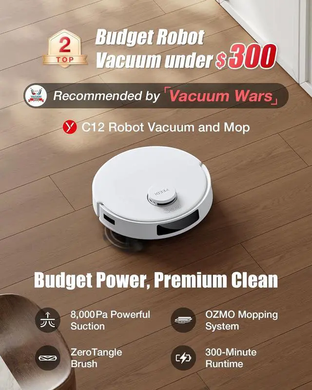 Alt view image 2 of 7 - Yeedi C12 Robot Vacuum Cleaner and Mop, 8000Pa Strong Suction, ZeroTangle Brush, Smart Navigation, Self-Charging, White