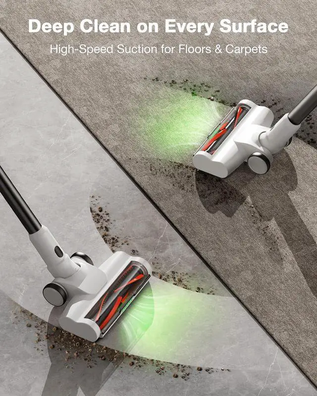 Alt view image 2 of 7 - Cordless Stick Vacuum Cleaner for Home, Lightweight Rechargeable Vacuum with 55min Runtime, Powerful Suction, Green LED Headlight, 9-in-1 Pet Hair Carpet & Hardwood Floor Cleaner