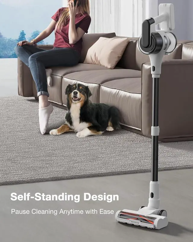 Alt view image 4 of 7 - Cordless Stick Vacuum Cleaner for Home, Lightweight Rechargeable Vacuum with 55min Runtime, Powerful Suction, Green LED Headlight, 9-in-1 Pet Hair Carpet & Hardwood Floor Cleaner