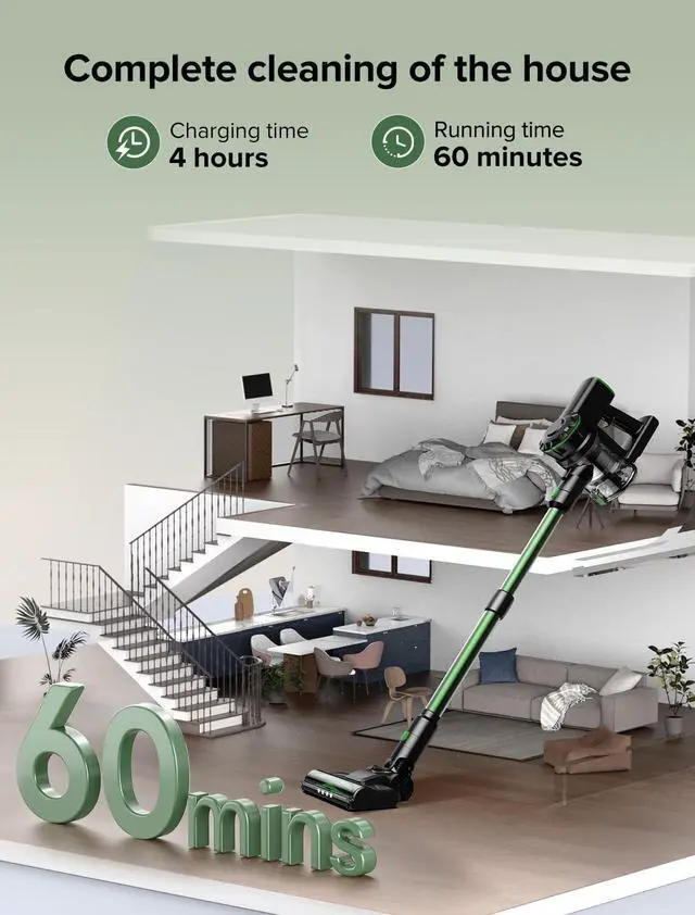 Alt view image 3 of 7 - Vexilar Cordless Vacuum Cleaner, 550W/45Kpa Vacuum Cleaners for Home, Stick Vacuum with Brushless Motor, 45Mins Runtime, Touch Screen, Self-Standing, Lightweight Handheld Vacuum for Pet Hair(Green)