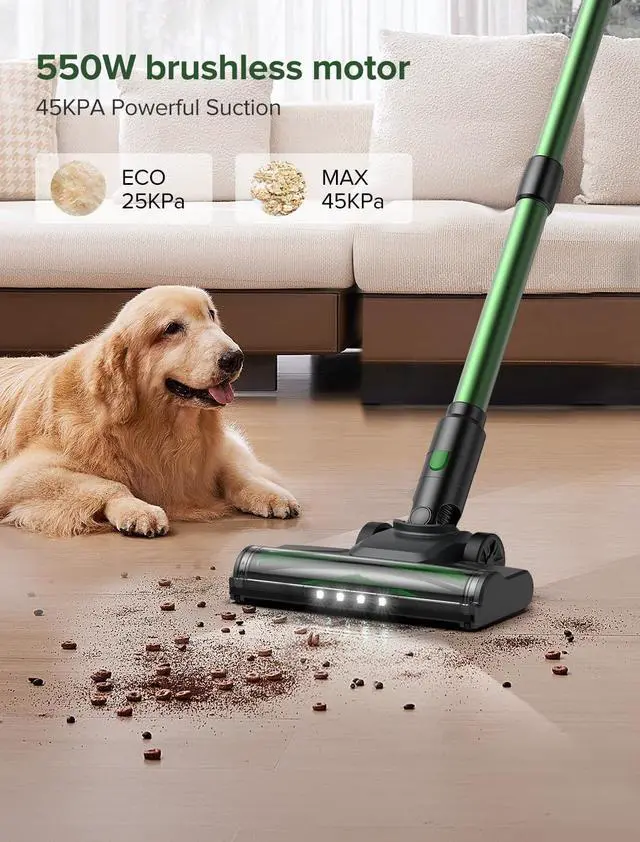 Alt view image 2 of 7 - Vexilar Cordless Vacuum Cleaner, 550W/45Kpa Vacuum Cleaners for Home, Stick Vacuum with Brushless Motor, 45Mins Runtime, Touch Screen, Self-Standing, Lightweight Handheld Vacuum for Pet Hair(Green)
