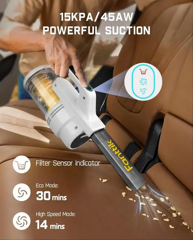Alt view image 3 of 6 - Fanttik Cruise V9 Car Vacuum Cleaner Suction Power with 15000Pa Handheld Vacuum Cordless with Extension Tube & LED Display & Light, Cordless Portable Mini for Home Car Cleaning, White