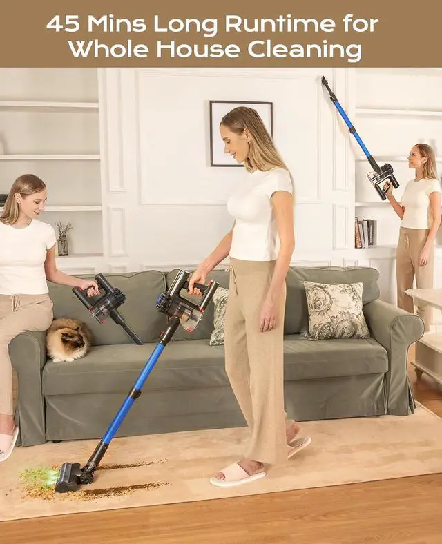 Alt view image 3 of 7 - Cordless Vacuum Cleaner, 45Mins Powerful Vacuum Cleaners for Home, Lightweight Stick Vacuum Cordless with Advanced Green Light Tech, Rechargeable Battery Vacuum for Carpet,Pet Hair,Hardwood Floor