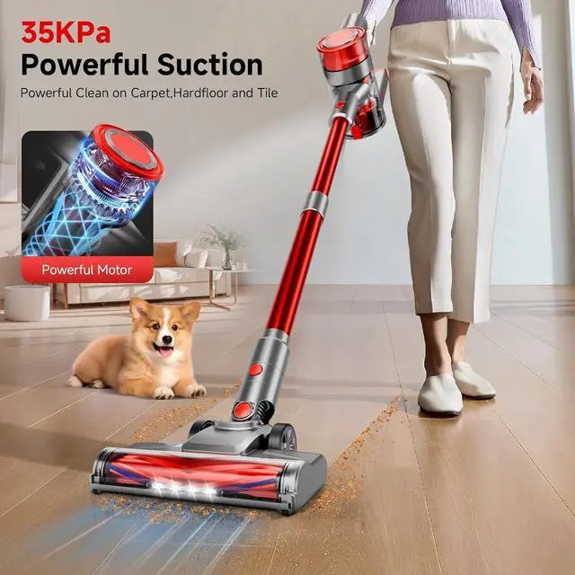 Alt view image 2 of 7 - Cordless Vacuum Cleaner for Home, Powerful Stick Vacuum Cleaner with Rechargeable Battery, 6 in 1 Lightweight Handheld Vacuum, 45 Mins Runtime Cordless Vacuum for Hardfloor & Carpets Pet Hair,red
