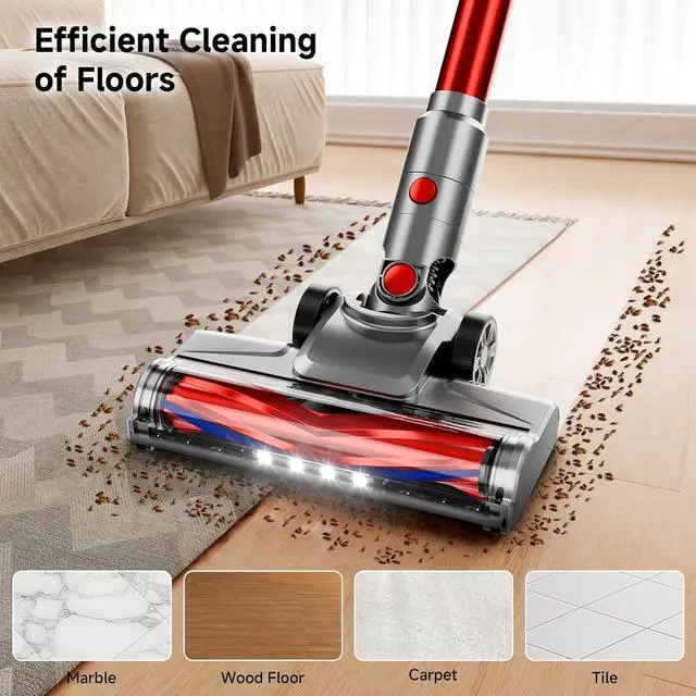 Alt view image 6 of 7 - Cordless Vacuum Cleaner for Home, Powerful Stick Vacuum Cleaner with Rechargeable Battery, 6 in 1 Lightweight Handheld Vacuum, 45 Mins Runtime Cordless Vacuum for Hardfloor & Carpets Pet Hair,red