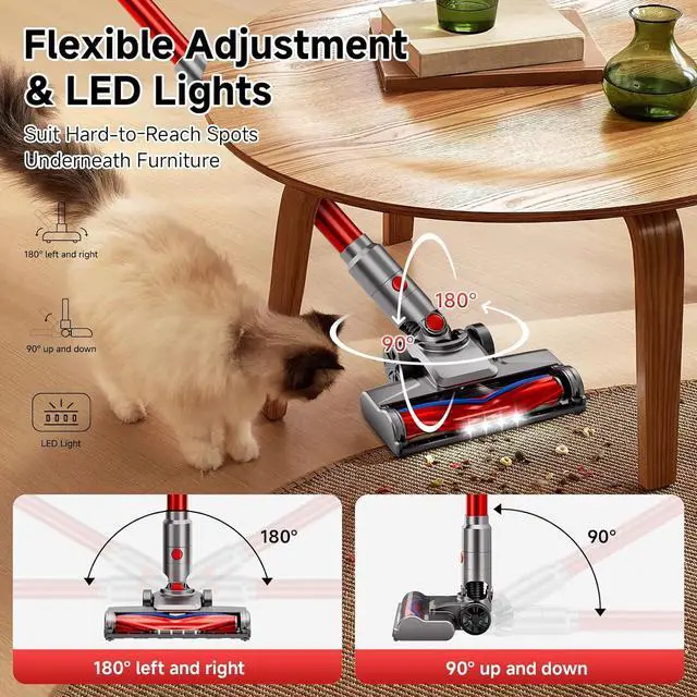 Alt view image 7 of 7 - Cordless Vacuum Cleaner for Home, Powerful Stick Vacuum Cleaner with Rechargeable Battery, 6 in 1 Lightweight Handheld Vacuum, 45 Mins Runtime Cordless Vacuum for Hardfloor & Carpets Pet Hair,red