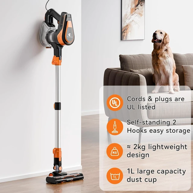 Alt view image 4 of 7 - TC-JUNESUN 23Ft Vacuum Cleaner for Home, 600W Corded Stick Vacuum with 20Kpa Powerful Suction, Self-Standing 2 Speeds Lightweight Vacuum for Carpet,Stair,Hard Floors Pet Hair
