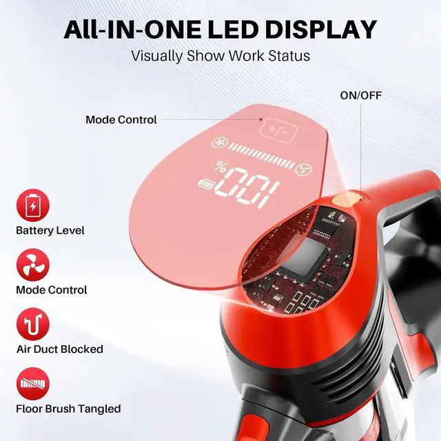 Alt view image 3 of 7 - Cordless Vacuum Cleaner - Lightweight, 35Kpa Home Stick Vacuum, Smart Display & Removable Battery, Up to 45 Mins, 8 in 1 Portable Handhled Vacuum, Wall Mount Charging for Hardfloor, Carpet Red