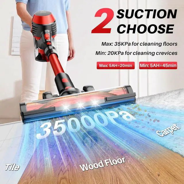 Alt view image 2 of 7 - Cordless Vacuum Cleaner - Lightweight, 35Kpa Home Stick Vacuum, Smart Display & Removable Battery, Up to 45 Mins, 8 in 1 Portable Handhled Vacuum, Wall Mount Charging for Hardfloor, Carpet Red