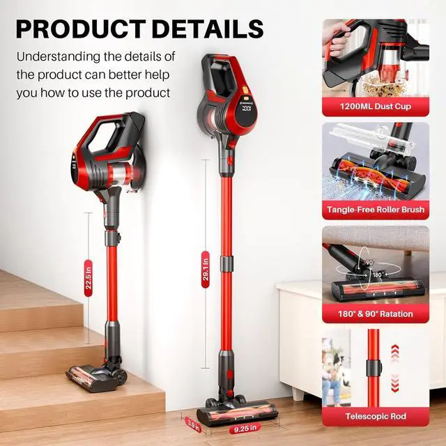 Alt view image 5 of 7 - Cordless Vacuum Cleaner - Lightweight, 35Kpa Home Stick Vacuum, Smart Display & Removable Battery, Up to 45 Mins, 8 in 1 Portable Handhled Vacuum, Wall Mount Charging for Hardfloor, Carpet Red