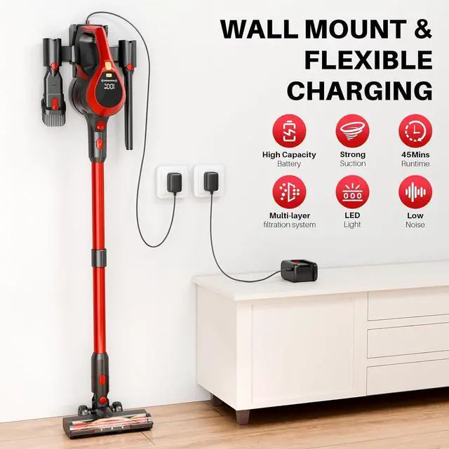 Alt view image 6 of 7 - Cordless Vacuum Cleaner - Lightweight, 35Kpa Home Stick Vacuum, Smart Display & Removable Battery, Up to 45 Mins, 8 in 1 Portable Handhled Vacuum, Wall Mount Charging for Hardfloor, Carpet Red