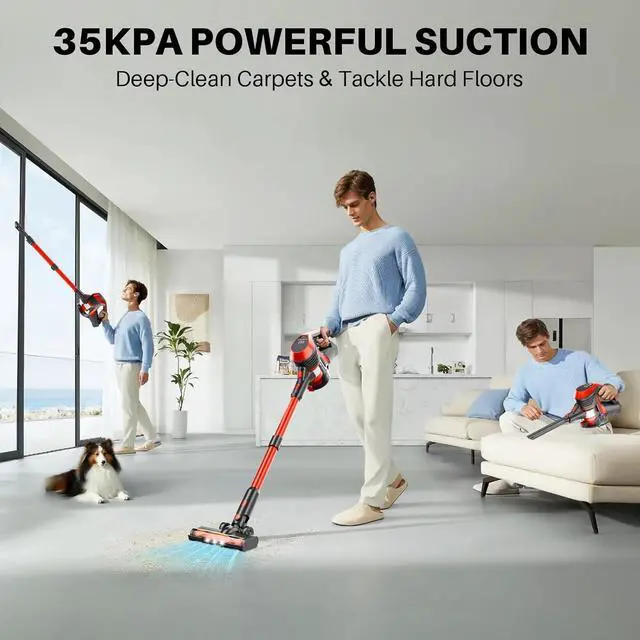 Alt view image 7 of 7 - Cordless Vacuum Cleaner - Lightweight, 35Kpa Home Stick Vacuum, Smart Display & Removable Battery, Up to 45 Mins, 8 in 1 Portable Handhled Vacuum, Wall Mount Charging for Hardfloor, Carpet Red