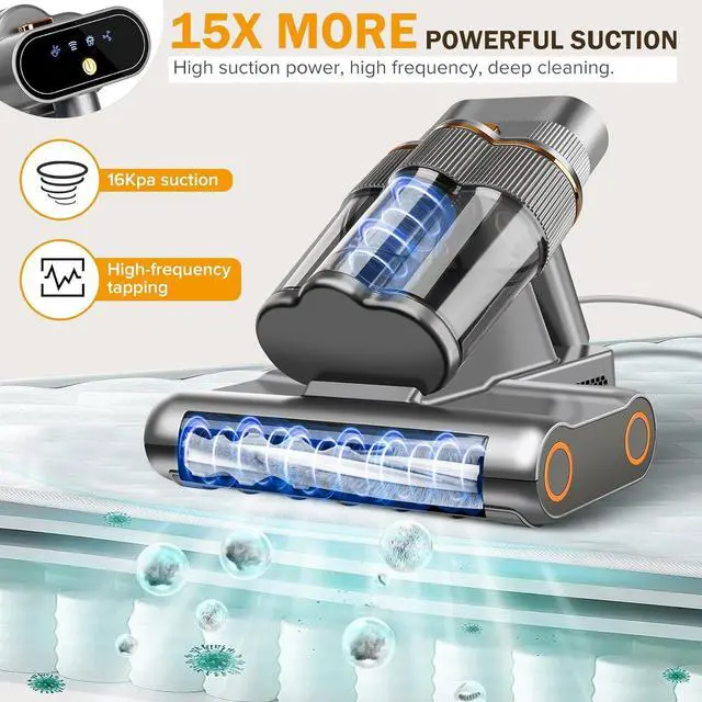 Alt view image 2 of 7 - Powerful Mattress Vacuum Cleaner,Handheld Bed Vacuum with UV-C Light, 16Kpa Strong Suction, 30000 RPM Dual Drum Brushes, 140°F Hot Air & Ultrasonic Tech, 500W Corded for Quick Dust Removal