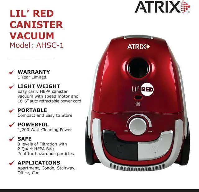 Alt view image 3 of 5 - AHSC-1 Atrix Lil Red Canister Vacuum Portable Canister vacuum w/ 2 Quart HEPA Filter & Variable Speed Motor