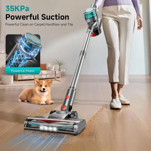 Alt view image 2 of 7 - Cordless Vacuum Cleaner for Home, Powerful Stick Vacuum Cleaner with Rechargeable Battery, 6 in 1 Lightweight Handheld Vacuum, 45 Mins Runtime Cordless Vacuum for Hardfloor & Carpets Pet Hair (Green)