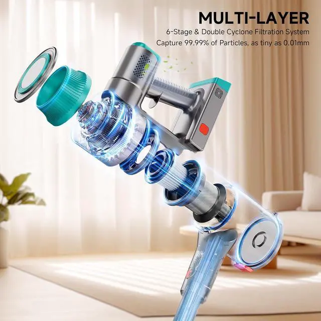 Alt view image 4 of 7 - Cordless Vacuum Cleaner for Home, Powerful Stick Vacuum Cleaner with Rechargeable Battery, 6 in 1 Lightweight Handheld Vacuum, 45 Mins Runtime Cordless Vacuum for Hardfloor & Carpets Pet Hair (Green)