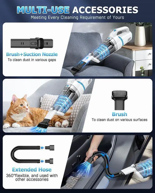 Alt view image 3 of 7 - AHNR Handheld Vacuum Cordless, 16000PA Powerful Suction Hand Held Vacuum Dust Busters Cordless Rechargeable with LED Light & 2 HEPA Filters, Portable Car Vacuum Cleaner High Power for Car Home Office