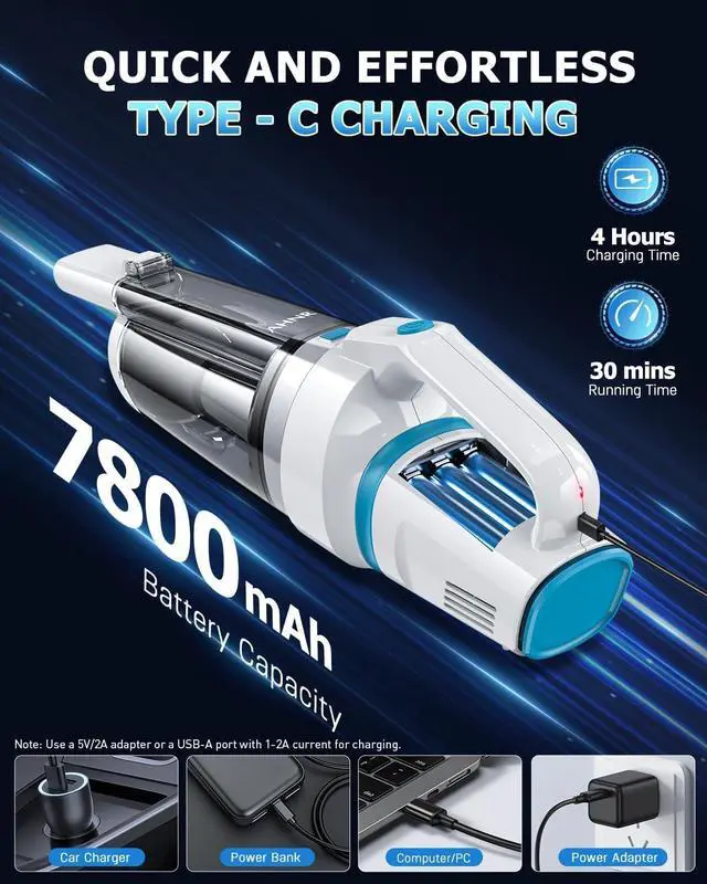 Alt view image 6 of 7 - AHNR Handheld Vacuum Cordless, 16000PA Powerful Suction Hand Held Vacuum Dust Busters Cordless Rechargeable with LED Light & 2 HEPA Filters, Portable Car Vacuum Cleaner High Power for Car Home Office