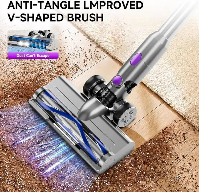 Alt view image 3 of 7 - Cordless Vacuum Cleaner,55Mins/Powerful Vacuum Cleaners for Home,Stick Vacuums with 8 in 1,Touch Screen,LED Headlights, Anti-Tangle,Rechargeable,Lightweight for Carpet,Hard Floor, Pet Hair,Purple