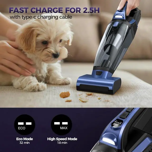 Alt view image 6 of 7 - Pet Hair Handheld Vacuum Cordless: 20000PA High Power Car Vacuum with Motorized Brush and LED Light, Rechargeable Hand Held Vacuum Cleaner with Reusable Filter for Car, Home, Office & Pet, Blue