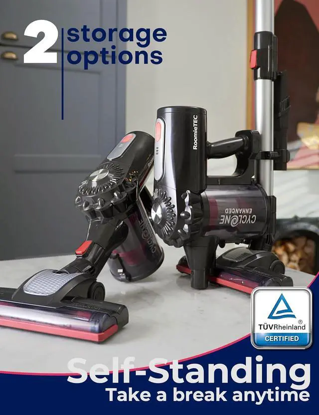 Alt view image 5 of 7 - Roomie Tec Cordless Stick Vacuum Cleaner, Lightweight 2-in-1 Handheld with Powerful Suction, Rechargeable Battery, Bagless HEPA Filter & Self-Standing Design Ideal for Floors, Cars & Home Cleaning
